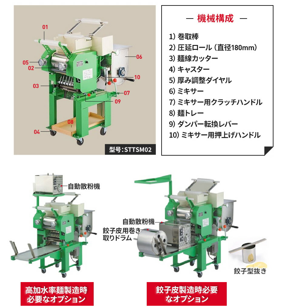 全自動製麺機2型 圧麺器　単相100V/200V/三相200V　400W　パスタ　餃子の皮　ラーメン　そば　うどん　餃子　 1,180（高）×575（巾）×970（奥行）STTSM02