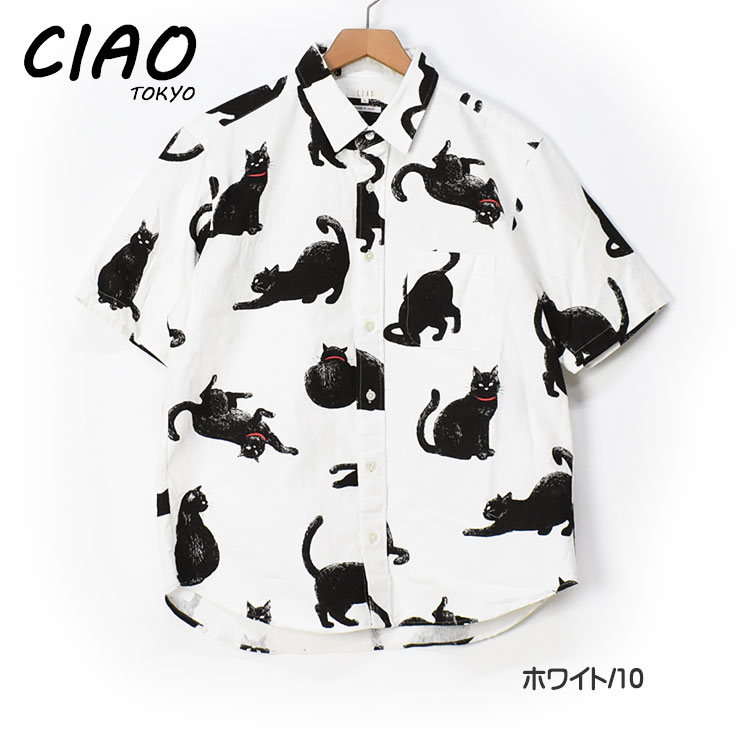 ciao 半袖シャツ 黒猫 COTTON LINEN PRINT SHIRTS CAT メンズ 綿麻...