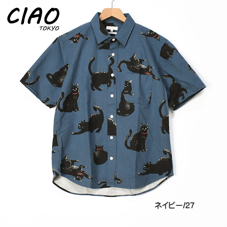 ciao 半袖シャツ 黒猫 COTTON LINEN PRINT SHIRTS CAT メンズ 綿麻...