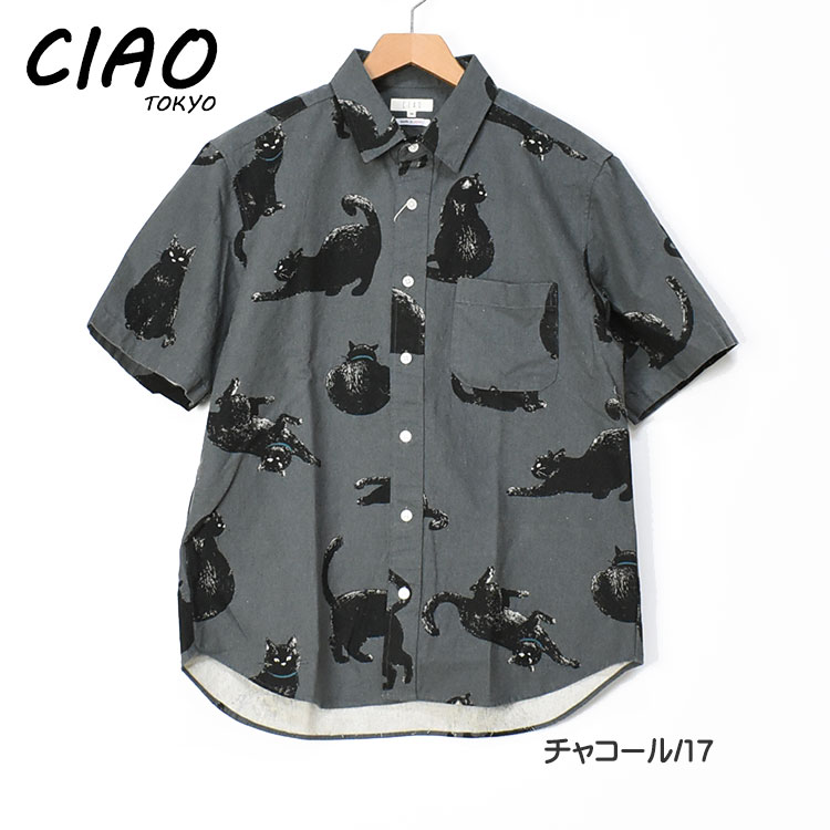 ciao チャオ 半袖シャツ 黒猫 COTTON LINEN PRINT SHIRTS CAT メン...