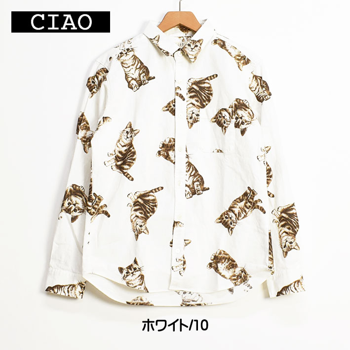 CIAO（チャオ） 長袖シャツ ネコ COTTON LINEN PRINT SHIRTS CAT