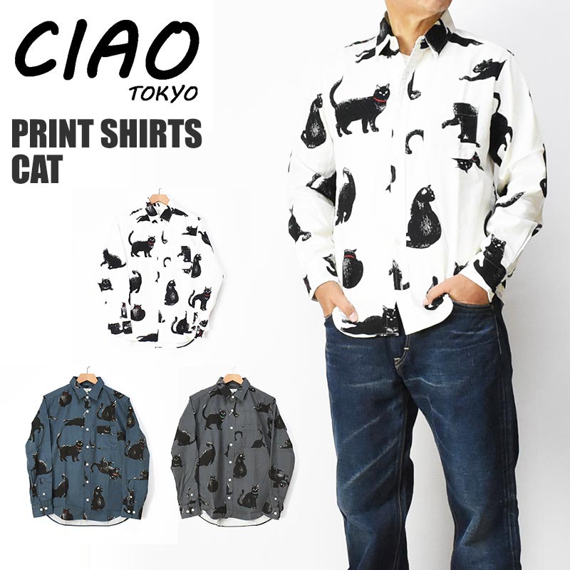 CIAO ciao チャオ 長袖シャツ 黒猫 メンズ COTTON PRINT SHIRTS