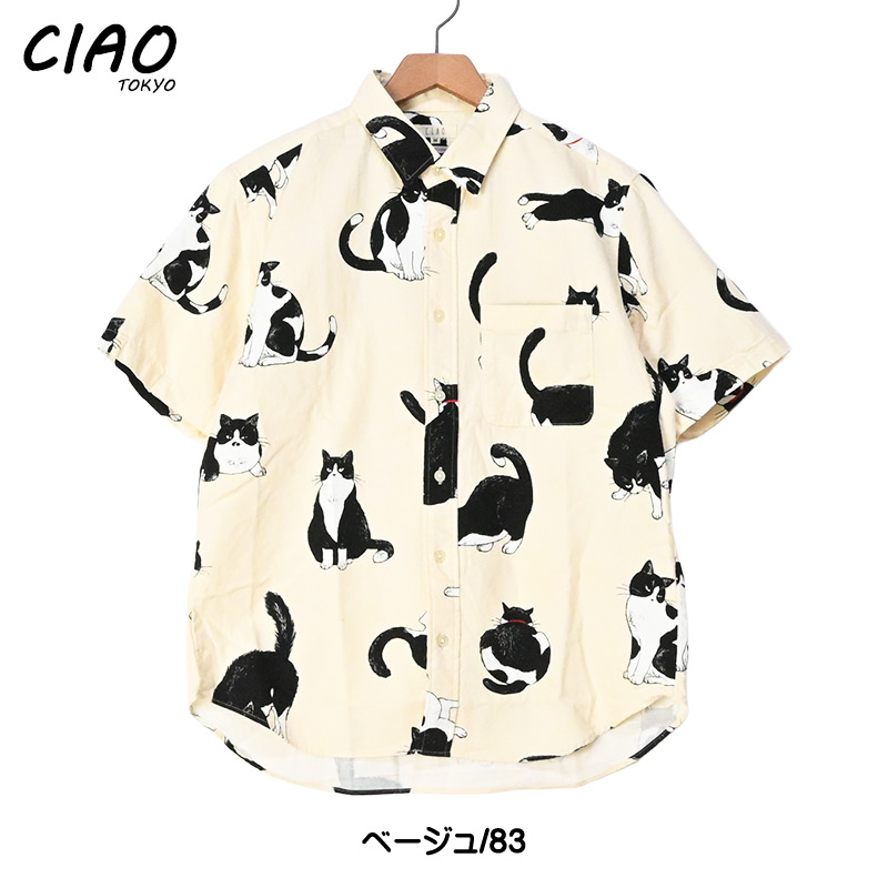 CIAO（チャオ） 半袖シャツ 猫 ハチワレ COTTON PRINT SHIRTS CAT
