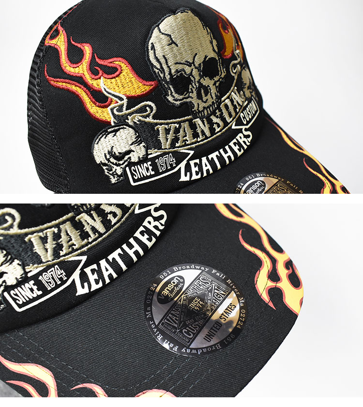 VANSON バンソン 刺繍 メッシュキャップ FIRE SKULL 帽子 メンズ