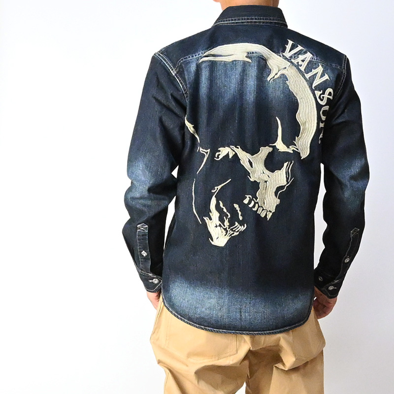 VANSON（バンソン） 長袖 デニムシャツ SKULL スカル 刺繍 メンズ NVSL