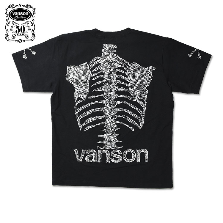 VANSON バンソン 50周年記念モデル 半袖Tシャツ ラインストーン スタッズ ドッグタグ付き ...