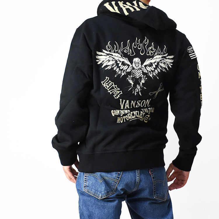 VANSON サマーメッシュジャケット バンソン パーカー イーグル 鷲 黒 VANSON バンソン フライングイーグル 柄 刺繍 裏毛 フルZIP