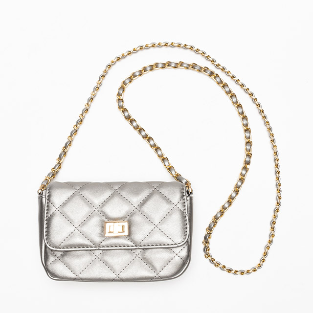 Mサイズ／キルティングショルダーバッグ＋ポーチ／silver ノンヘッジ non-hedge 縦長キルティングショルダーバッグ