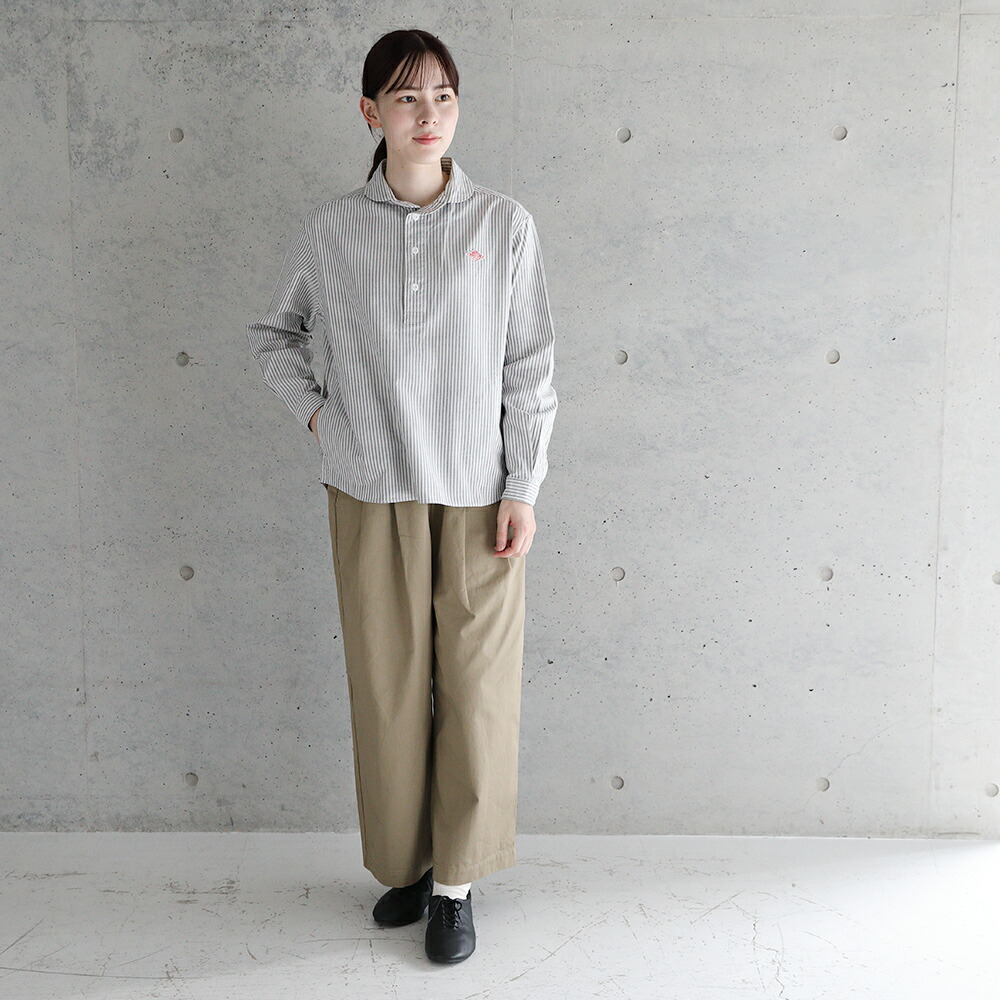 ダントン Danton 長袖丸襟ポケット付 22aw ワークテイスト レディース プルオーバーシャツ Jd 3564yox コットン 綿 シャツ ブラウス 丸襟 無地