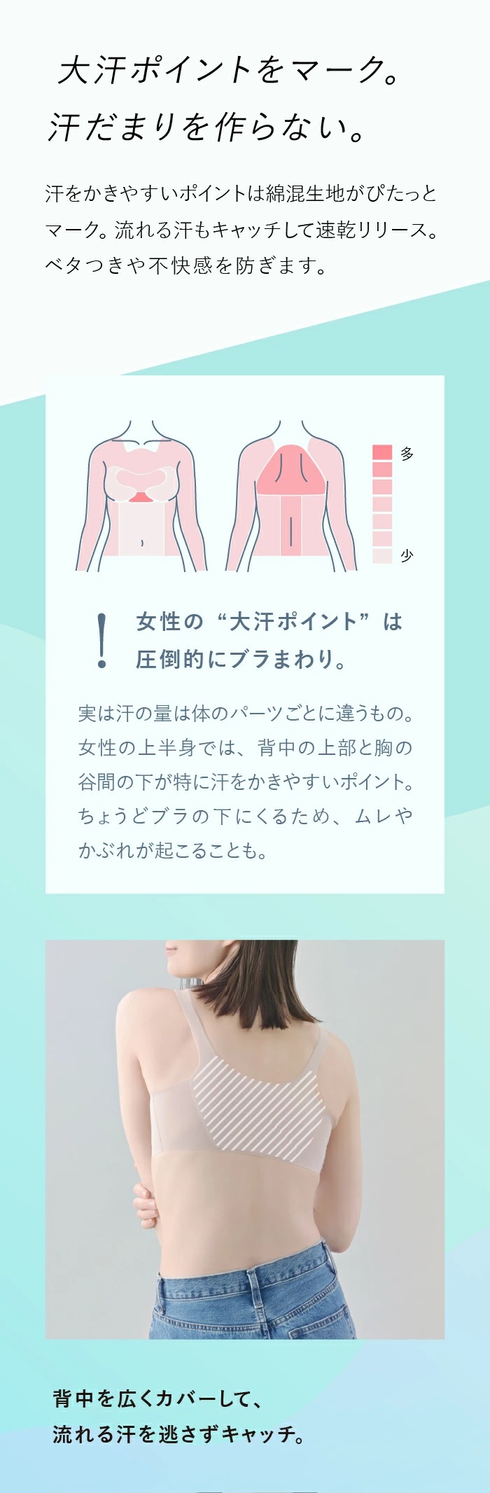 背中も、谷間も、アンダーも、流れる汗をさらっとキャッチ