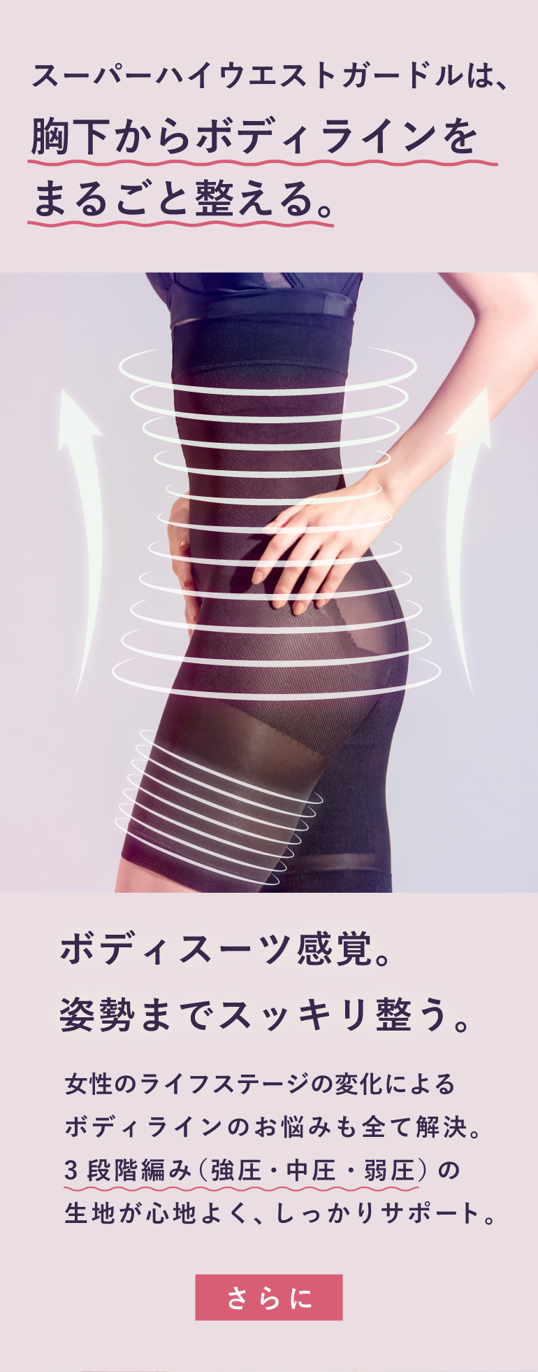 ボディースーツ感覚のガードル。まるごと覆う広範囲カバーのスーパーハイウエストはまさに無敵。伸縮性のニット生地がまるごと覆う。