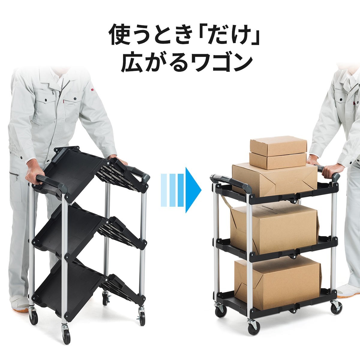 ツールワゴン 3段 ワゴン 三段 折りたたみ 台車 総耐荷重60kg 作業台 キャスター付き 軽量 ツールカート 折り畳み 棚 簡単収納 たためるワゴン 100-CART008 関連画像4