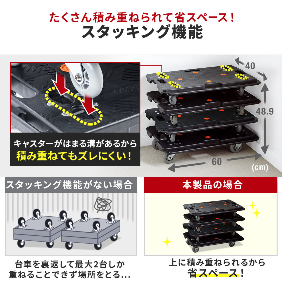 台車 キャスター タイヤ 4輪 平台車 連結 軽量 耐荷重150kg スタッキング可能 滑り止め付 キャリーカート 100-CT001｜sanwadirect｜10