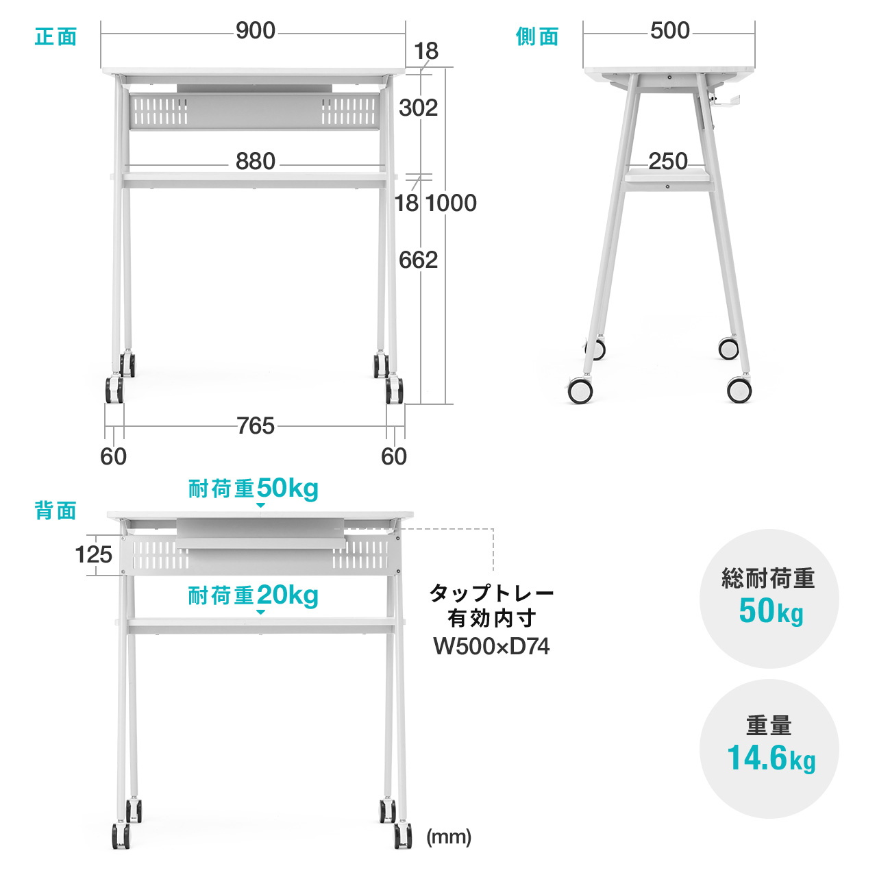 スタンディングデスク キャスター付き モニターアーム対応 幅90cm 奥行50cm 高さ100cm テーブルワゴン サイドテーブル 作業台 キッチンワゴン 演台 100-DESKF045 | SANWA SUPPLY | 17