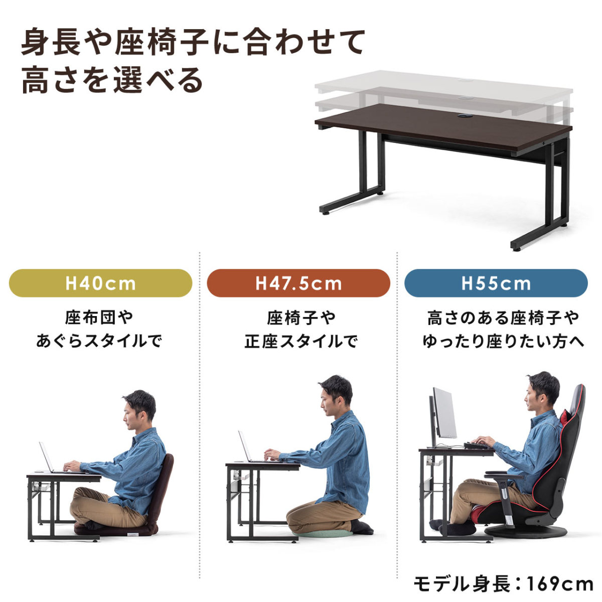 ローデスク 95cm幅 高さ調整 3段階 パソコン 学習机 おしゃれ 木製 ローテーブル 平机 シンプル 作業台 勉強机 PC 机 ロータイプ パソコンデスク 100-DESKL009M｜sanwadirect｜02