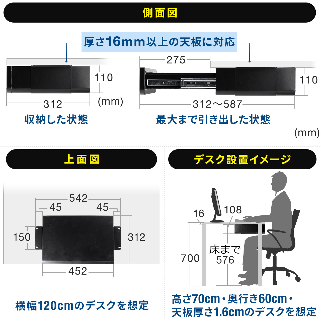 デスク 引き出し トレー 後付け ネジ固定 取り付け 設置 収納 スライド