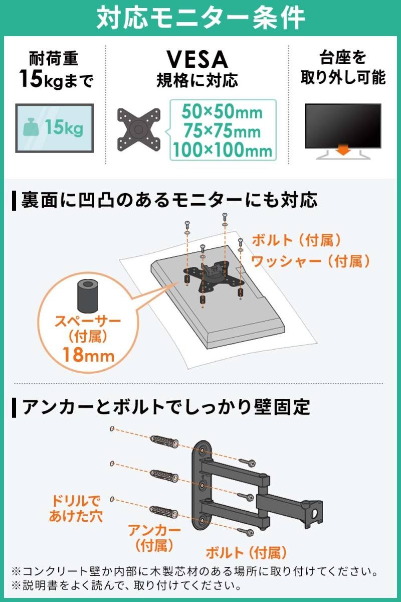 モニターアーム 壁掛け 壁面 金具 液晶 モニター ディスプレイ テレビ