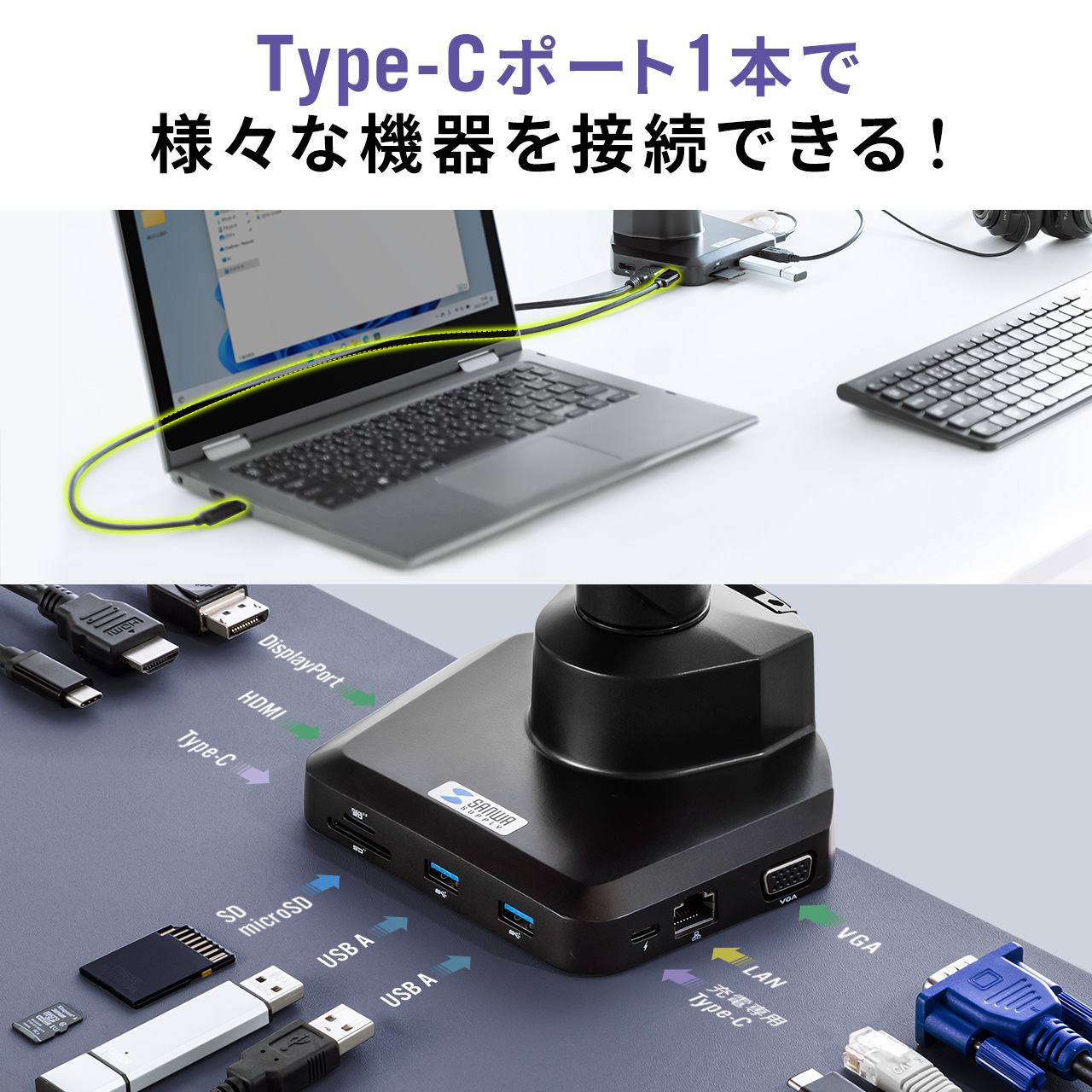 モニターアーム ドッキングステーション 一体型 USB Type-C接続 4K HDMI VGA LAN ガス圧式 ディスプレイアーム 1画面 シングル 耐荷重1〜10kg 32型対応