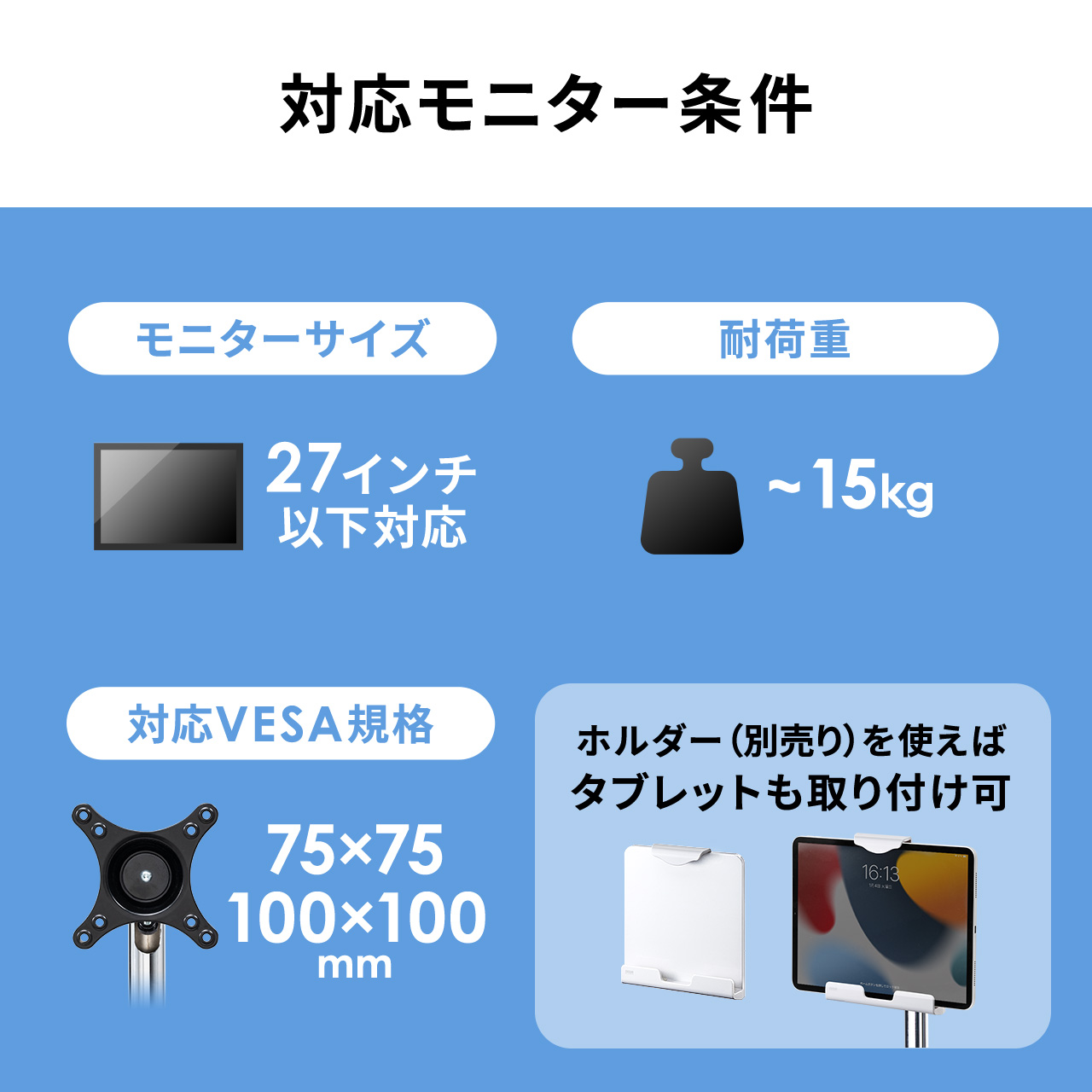 ランキング2020 フロアスタンド モニタースタンド 床置き モニター ディスプレイ 液晶 スタンド アーム 高さ調整 87〜134cm 無段階 耐荷重15kg 27インチ対応 100-LAST002N