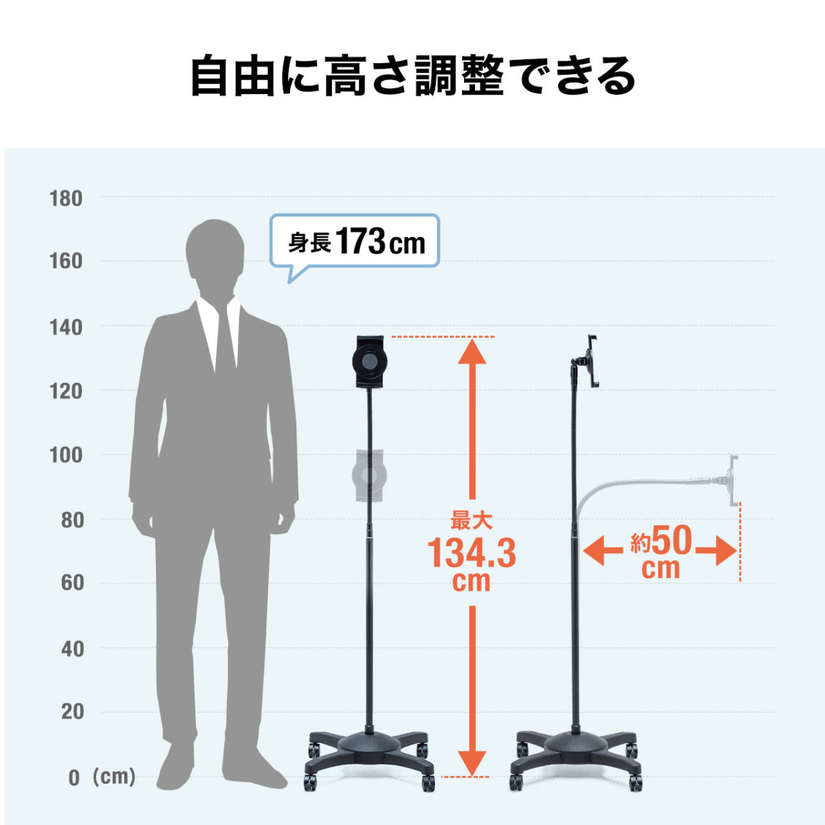 iPadスタンド タブレットスタンド キャスター付き フレキシブルアーム タブレットホルダー アームスタンド フロアスタンド 寝ながら 高さ調節  4.5 10.5インチ :100-MR172:サンワダイレクト 通販 