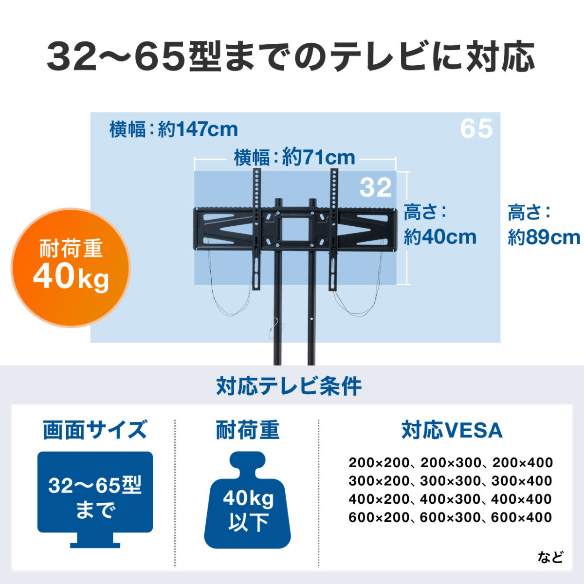 テレビスタンド ハイタイプ キャスター付き おしゃれ 壁寄せ TV テレビ モニター スタンド テレビ台 無段階 高さ調整 32 42 43 50 55 60 65 型 インチ 100-PL008｜sanwadirect｜03