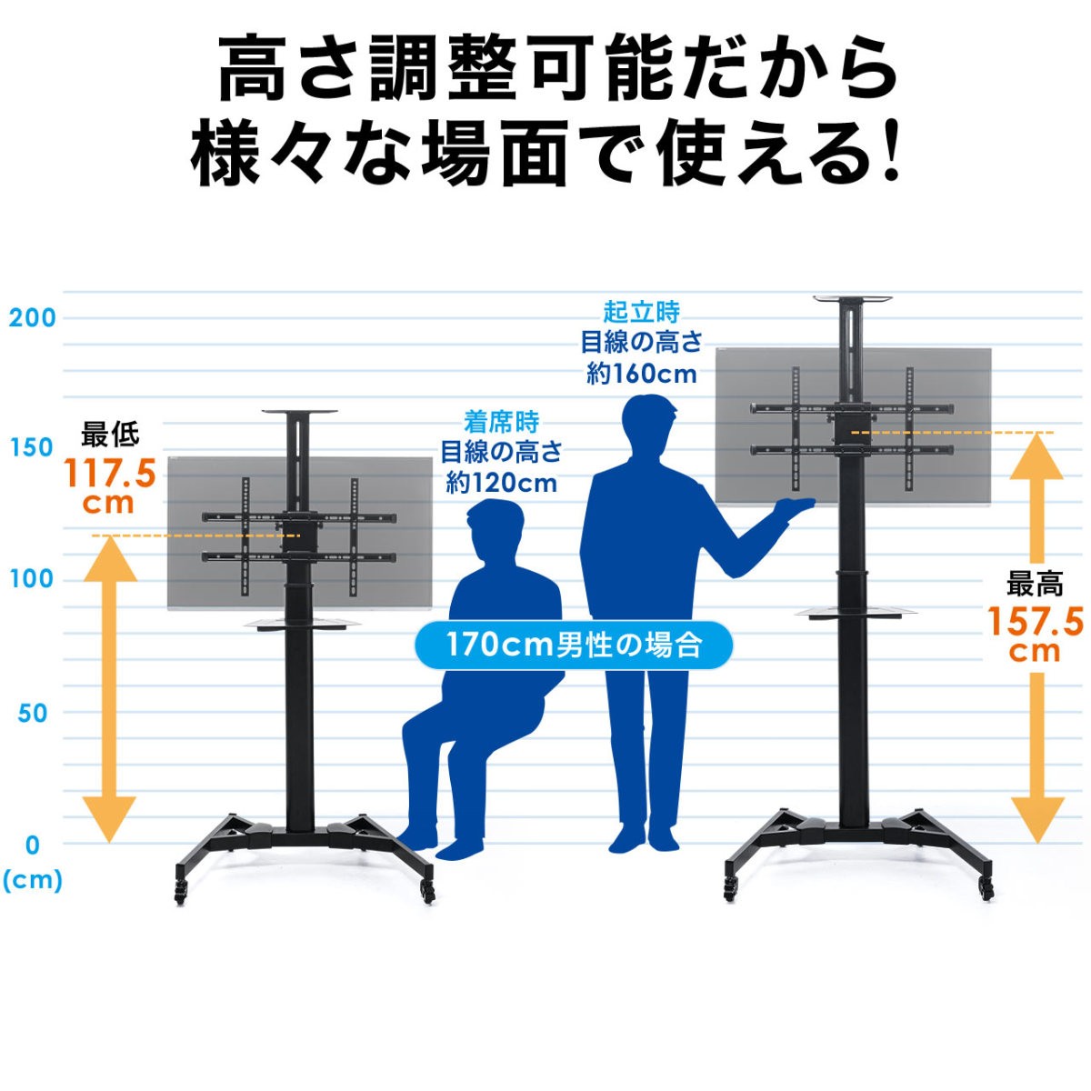 テレビスタンド 手動上下昇降 32 37 42 43 49 50 52 55 60 65 70 75型 インチ 対応 ハイタイプ テレビボード キャスター付き テレビ スタンド 縦置き 100-PL012｜sanwadirect｜05