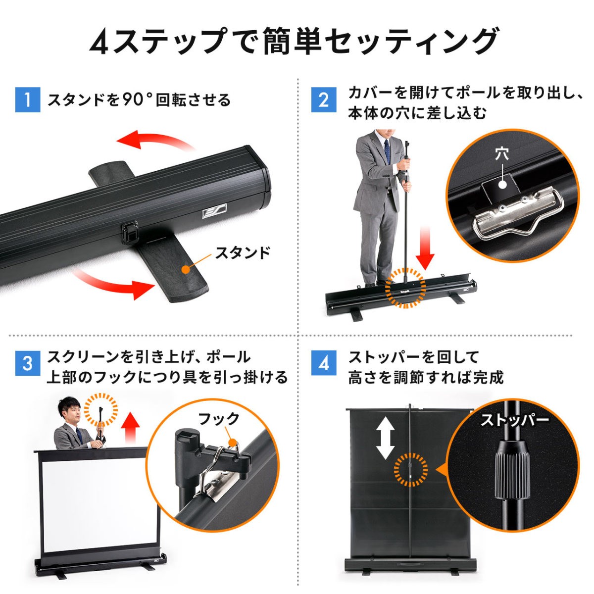 プロジェクタースクリーン プロジェクター用 自立式 60インチ 型 4:3 4対3 大画面 移動式 持ち運び 床置き 収納 4K 3D ハイビジョン  投影可能 簡単設置 工事不要