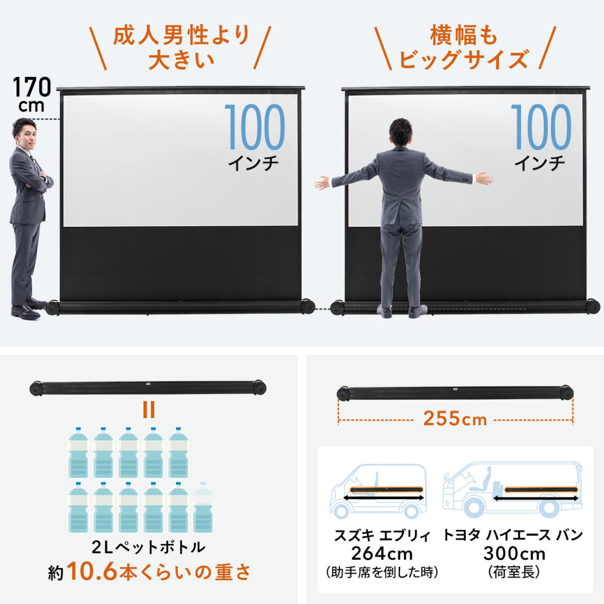 プロジェクタースクリーン 100インチ16:9（自立式・床置き)家庭用、業務用-