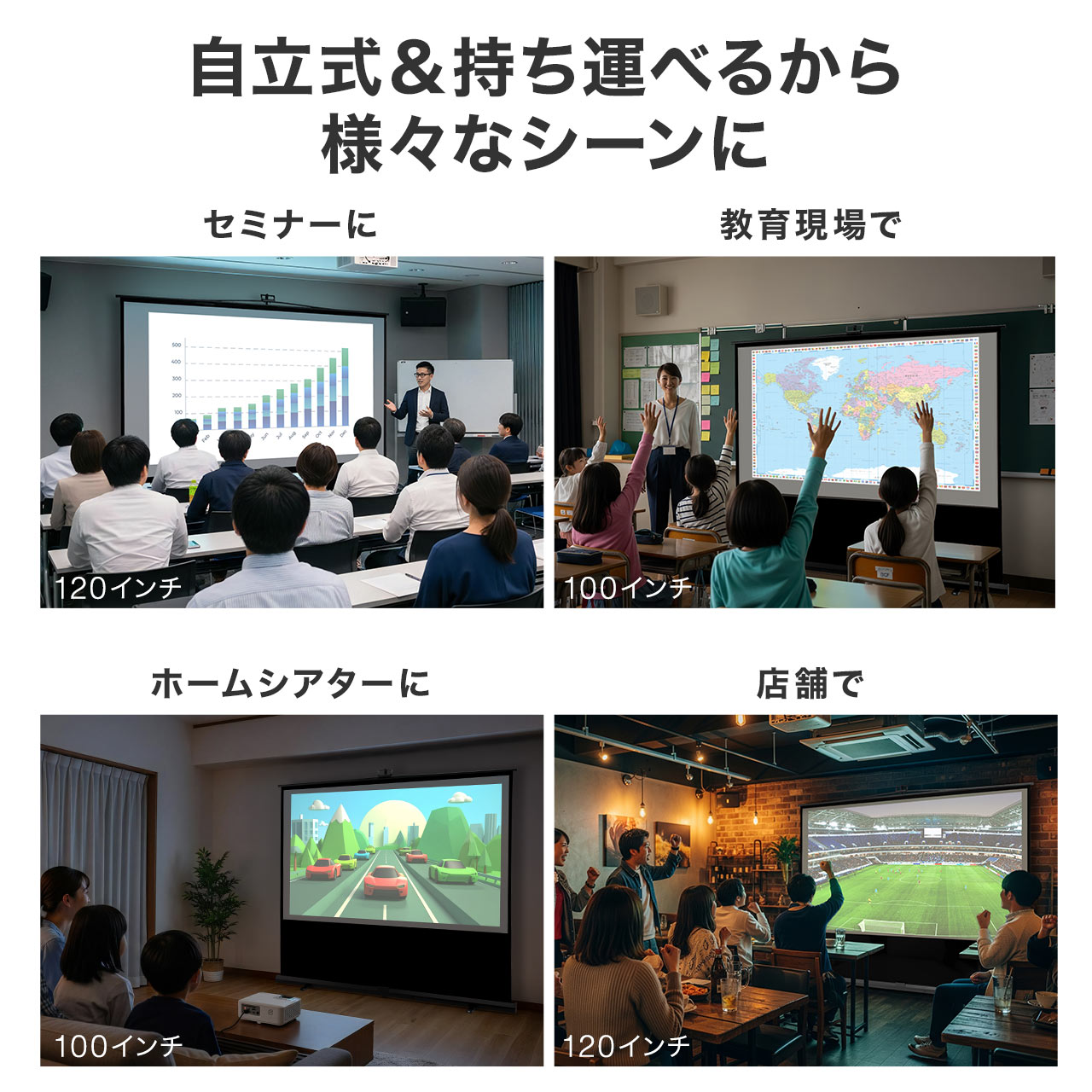 プロジェクタースクリーン 100インチ 16:9 16対9 自立式 床置き 大型 簡単設置 軽量 軽い 持ち運べる 4K 高画質 対応 会議室 ホームシアター 100-PRS027 | SANWA SUPPLY | 08