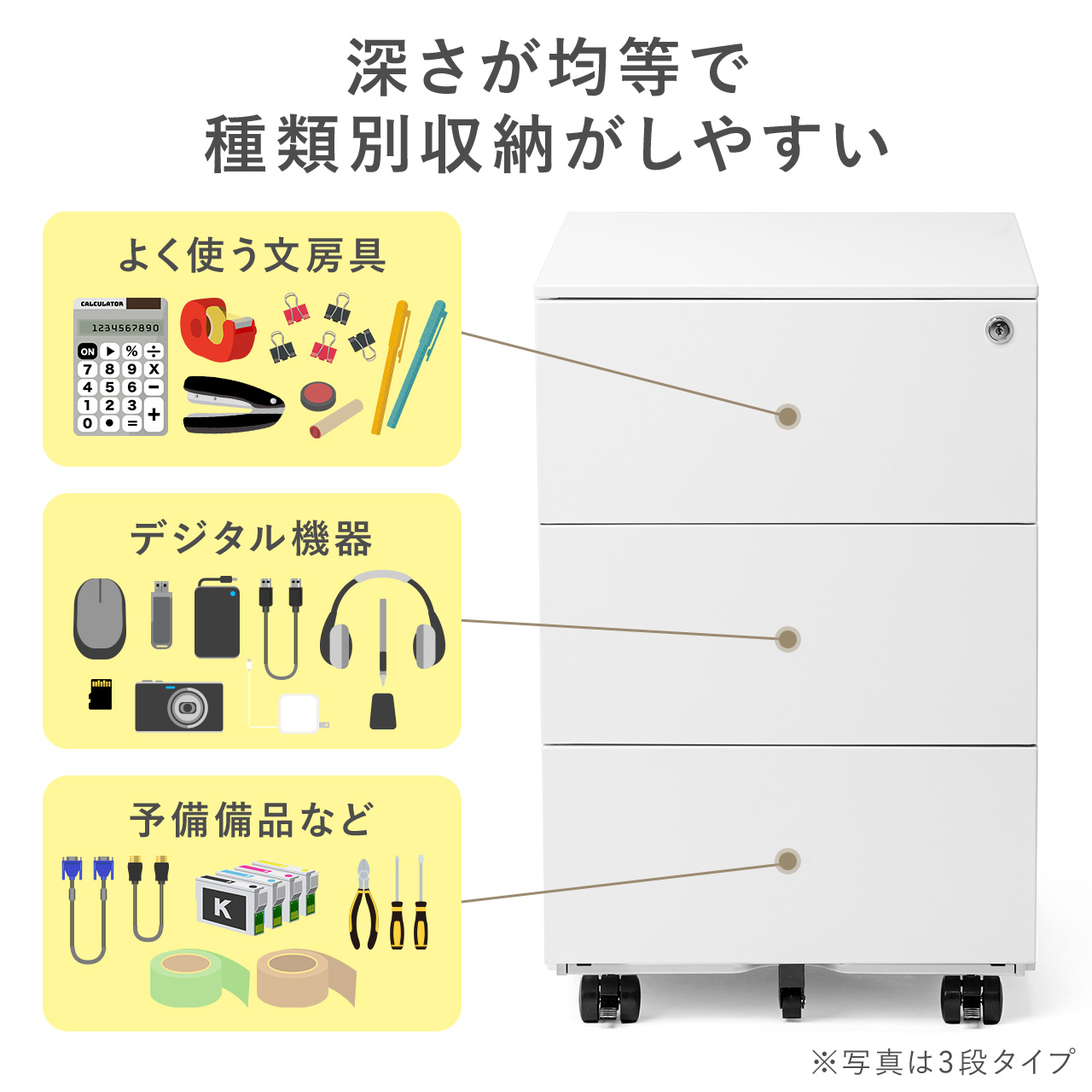 デスクワゴン 4段 鍵付き 浅型引き出し スチ...の詳細画像5