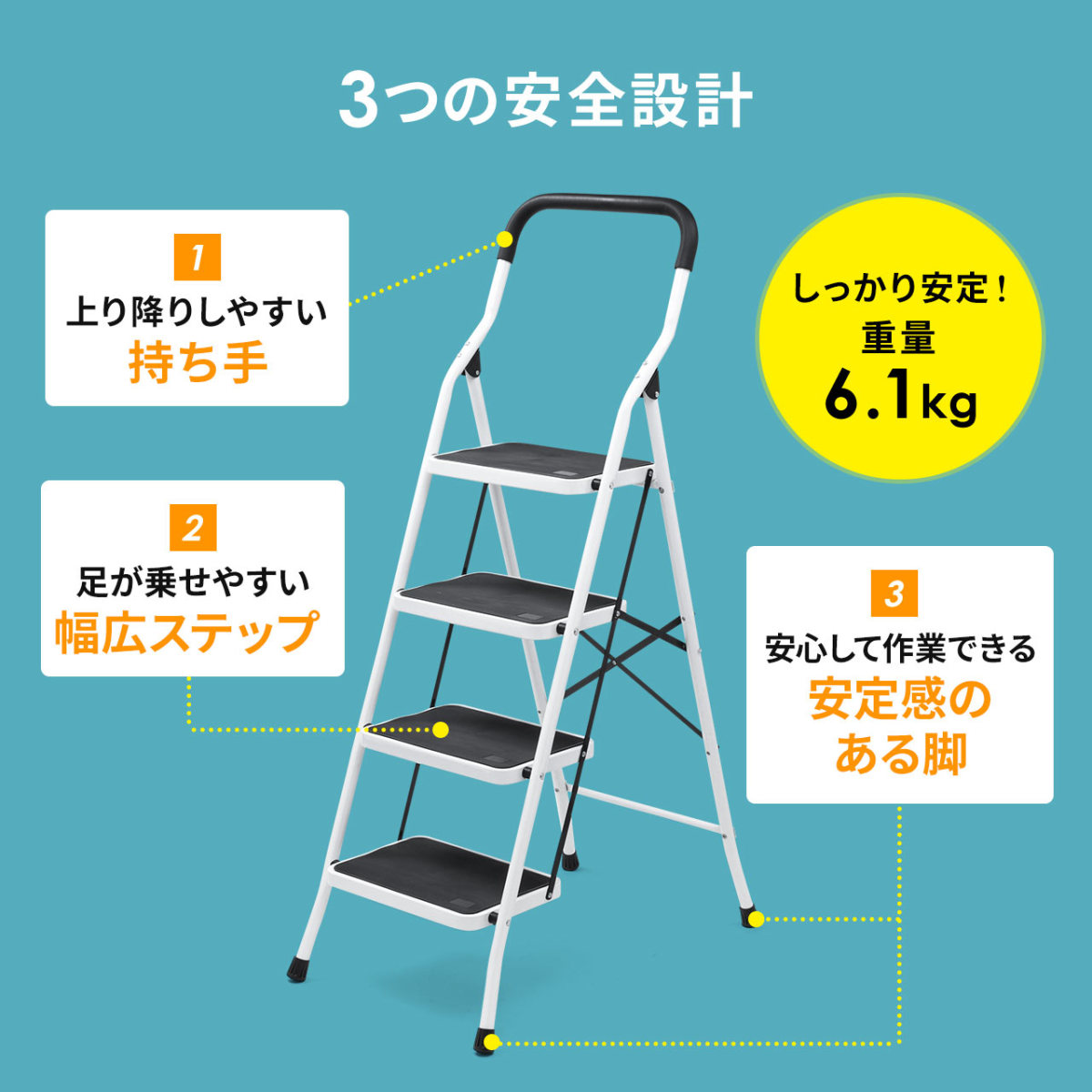 踏み台 脚立 はしご ステップラダー おしゃれ 折りたたみ 持ち手 取っ手付き 足場 ステップ台 昇降台 4段 持ち運び 耐荷重100kg  組み立て済み 完成品