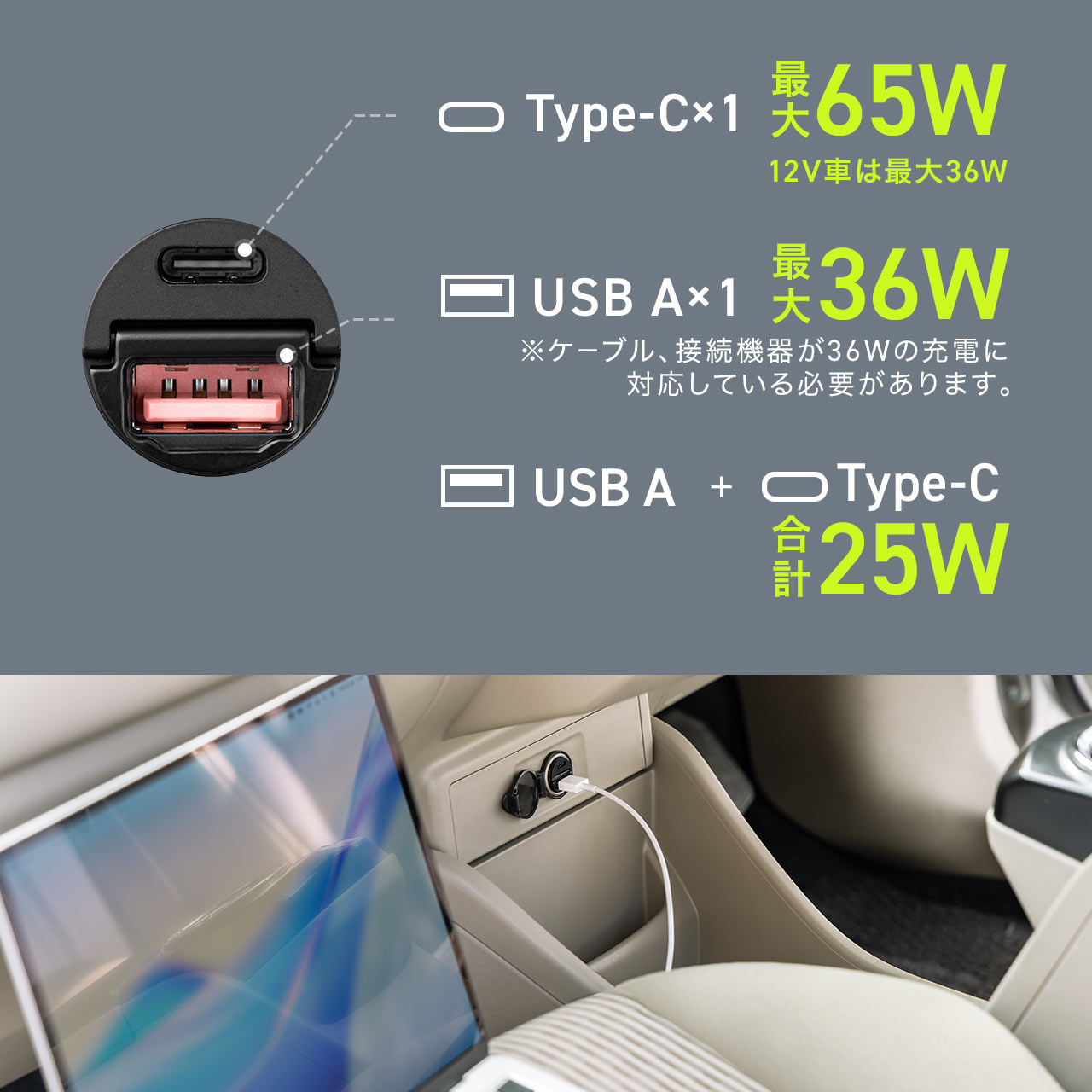 USB Type-C Type-A 2ポート 車載充電器 超小型 薄型 急速 高速 シガーソケット iPhone iPad スマホ PD65W PD36W コンパクト 12V 24V 車 200-CAR124AC | SANWA SUPPLY | 05