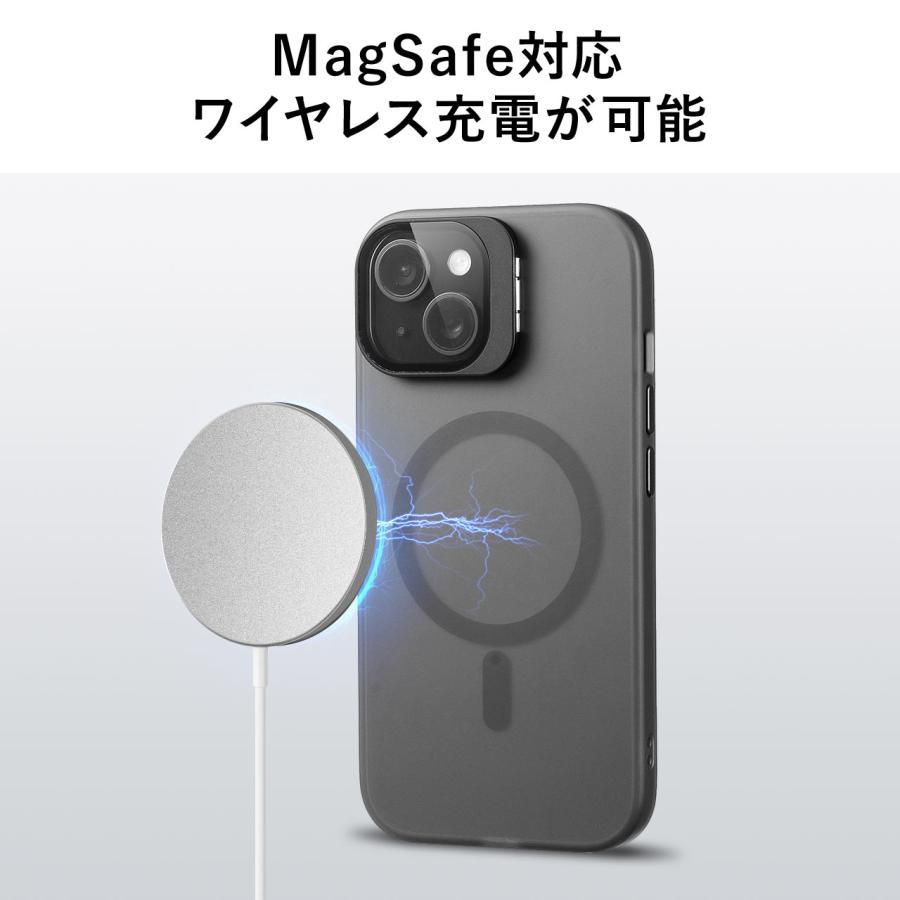 iPhone15 ケース MagSafe対応 クリア 半透明 おしゃれ マットブラック カメラカバー レンズカバー スタンド付き ワイヤレス充電 専用ソフトケース 200-SPC034BK｜sanwadirect｜07