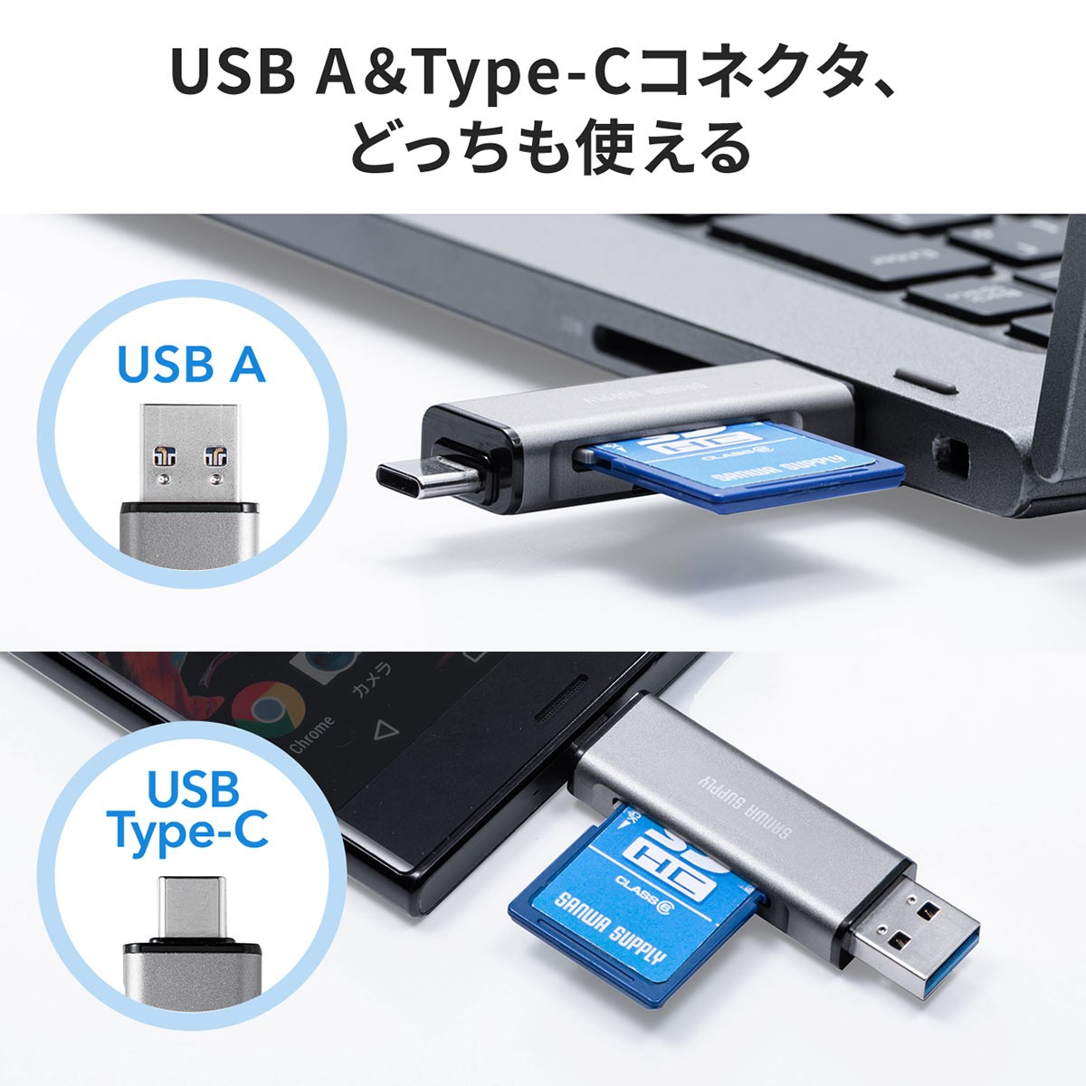 SD microSD カードリーダー USB3.1 Type-C スマホ タブレット MacBook メモリケース付き 薄型 持ち運び メモリーカードリーダー スマホ用 400-ADR323GY｜sanwadirect｜05