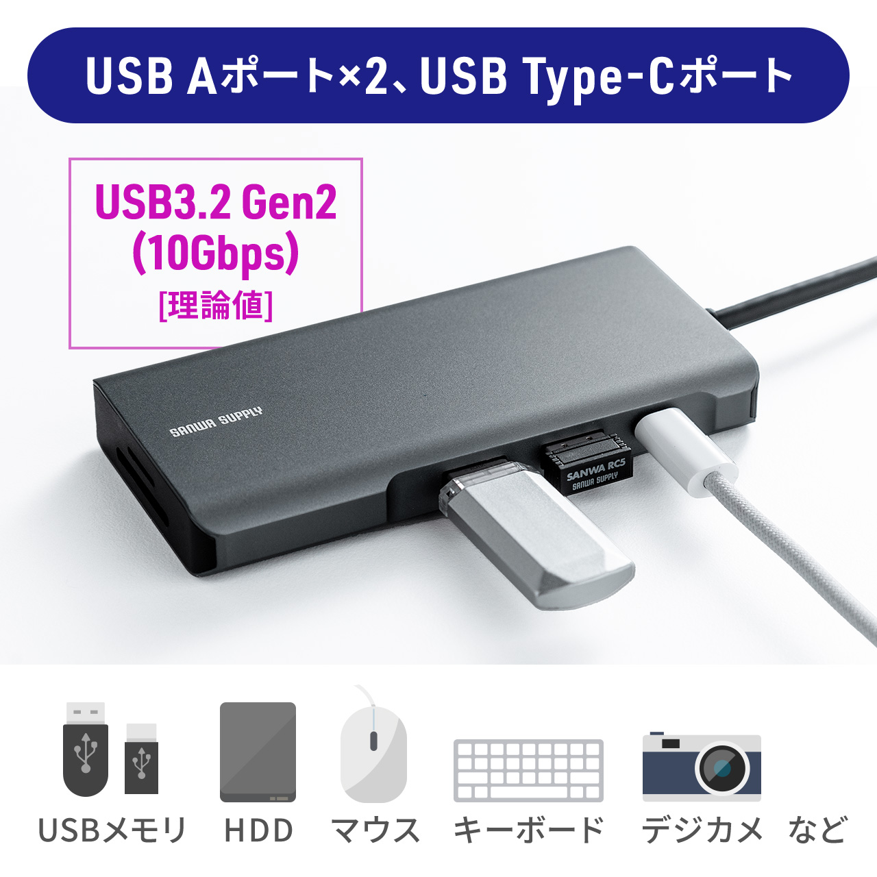 ドッキングステーション USB Type-C PD100W USB A HDMI 4K/30Hz SD microSD カードリーダー ポート 拡張 増設 追加 7ポート USB-C ドッキングハブ 400-ADR331｜sanwadirect｜05