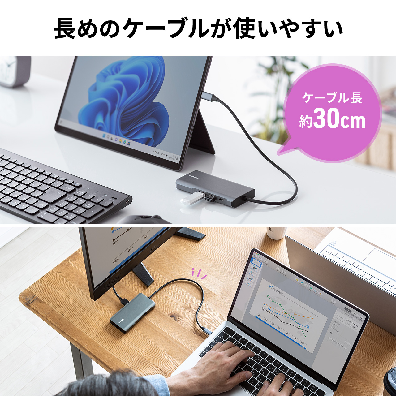 ドッキングステーション USB Type-C PD100W USB A HDMI 4K/30Hz SD microSD カードリーダー ポート 拡張 増設 追加 7ポート USB-C ドッキングハブ 400-ADR331｜sanwadirect｜09