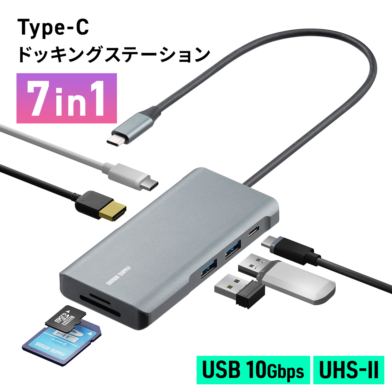 ドッキングステーション USB Type-C PD100W USB A HDMI 4K/30Hz SD microSD カードリーダー ポート 拡張 増設 追加 7ポート USB-C ドッキングハブ 400-ADR331｜sanwadirect