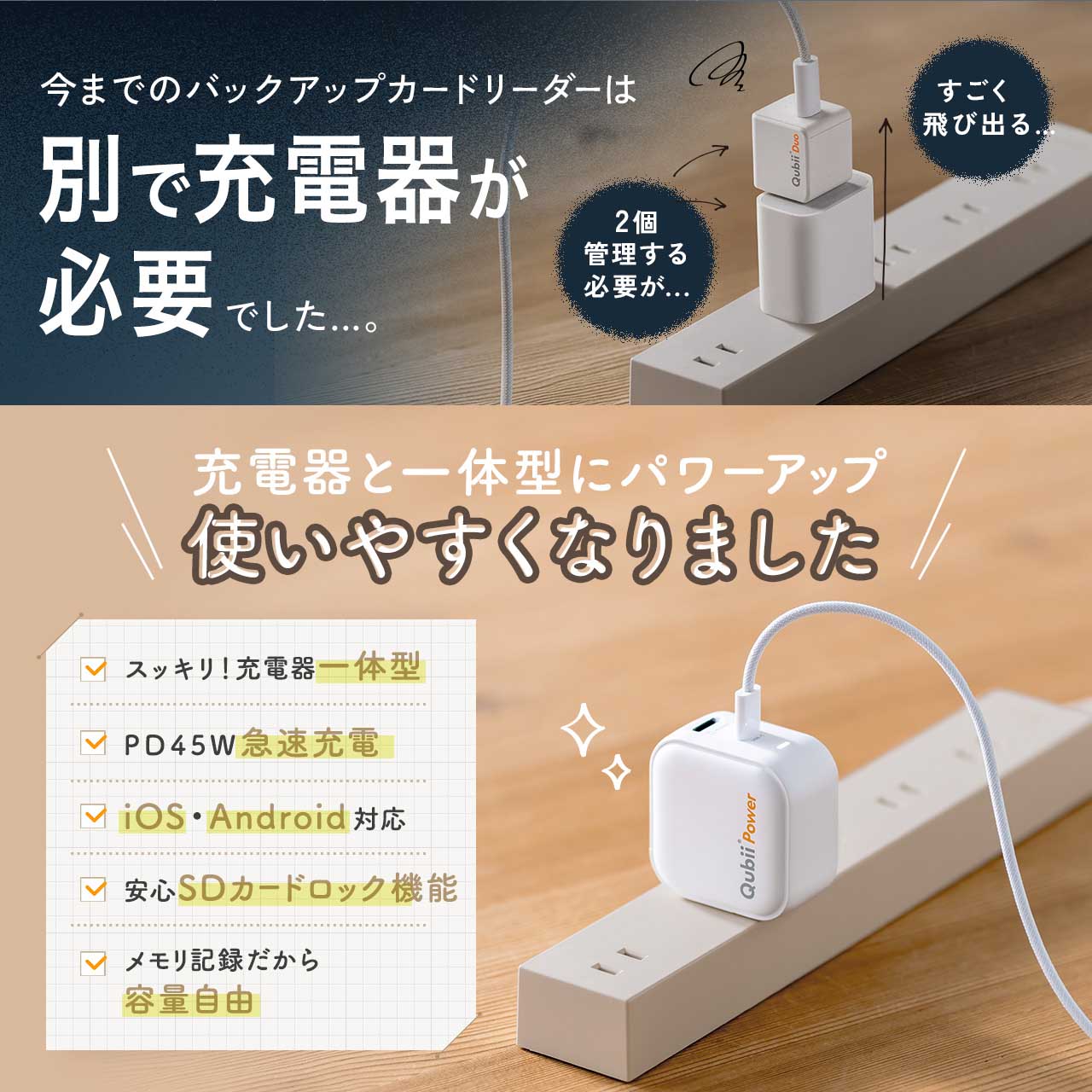 iPhone バックアップ 自動 Qubii Power 充電器 Type-C Android カードリーダー microSD iPad iOS スマホ USB-C 簡単接続 動画 写真 データ保存 400-ADRIP015 関連画像1