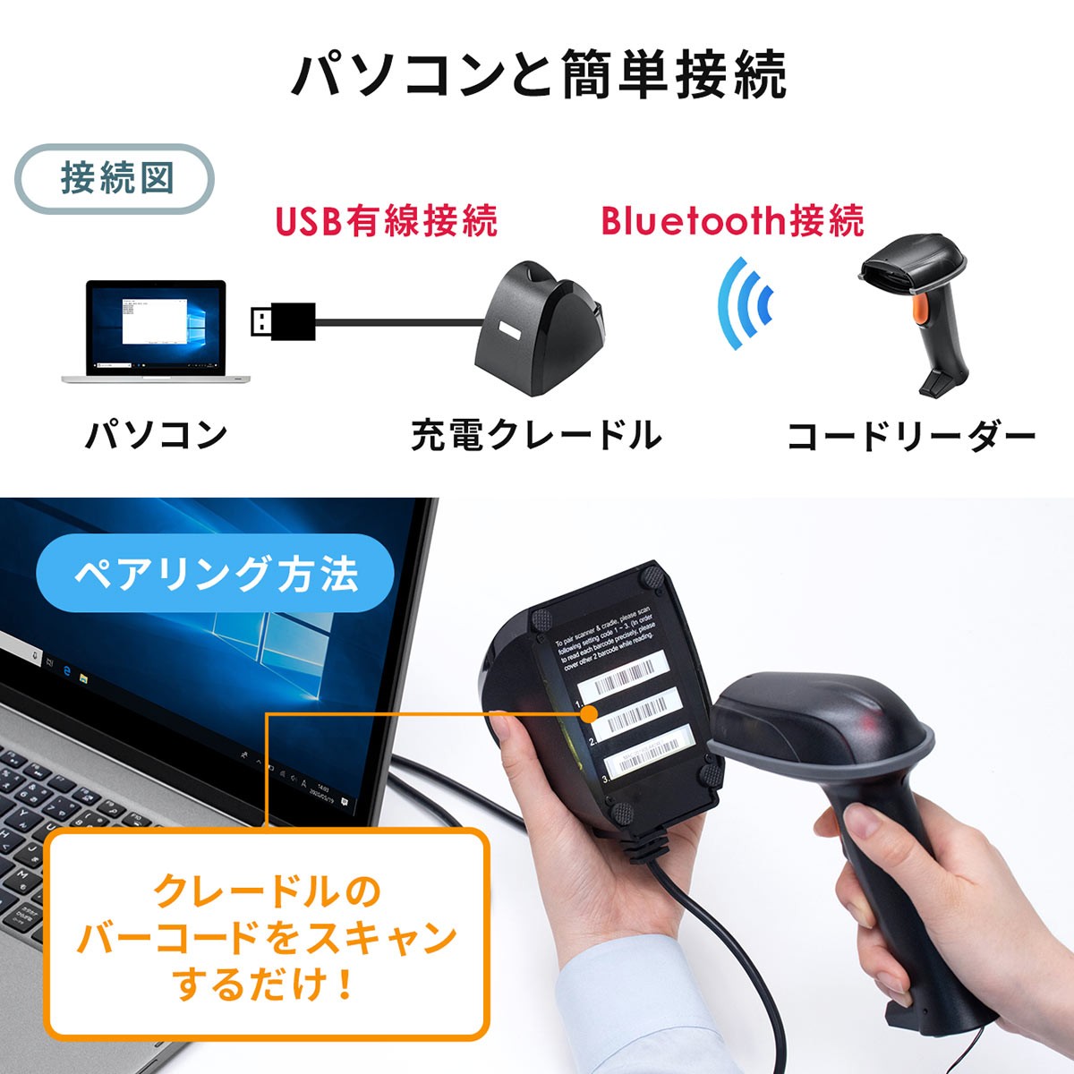 バーコードリーダー 1次元 2次元 バーコード 無線 Bluetooth 充電式