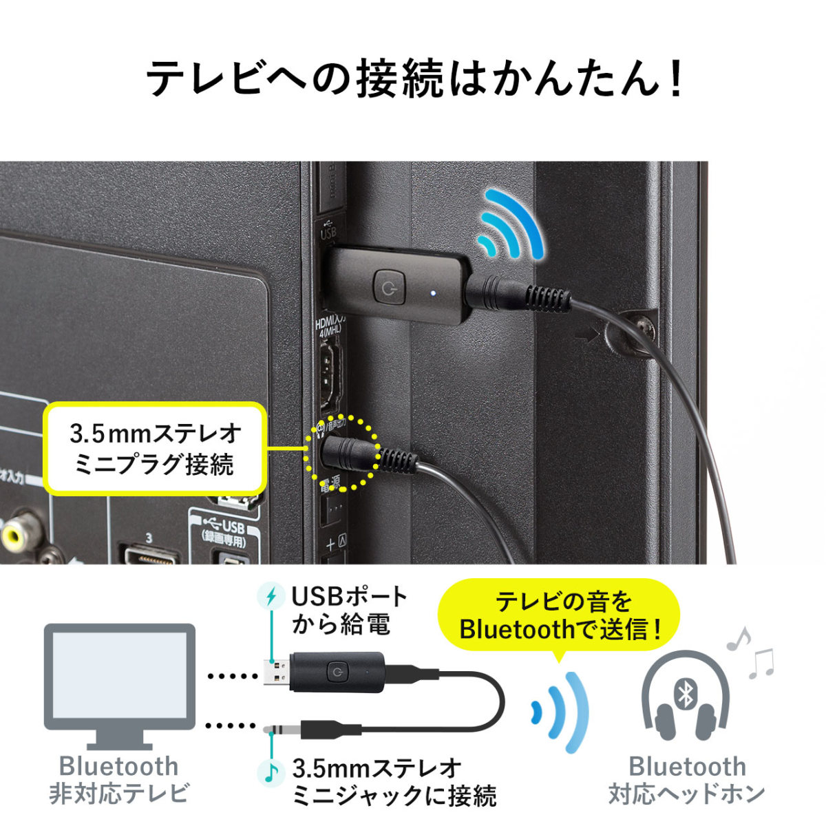 Bluetooth トランスミッター 送信機 レシーバー ブルートゥース 低遅延 高音質 テレビ Bluetooth5.0 オーディオトランスミッター 400-BTAD010｜sanwadirect｜04