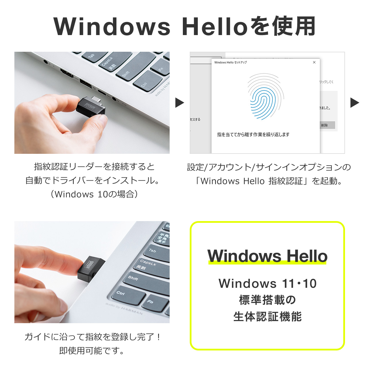 指紋認証リーダー USB Type-C接続 PC パソコン ログイン Windows Hello Windows11 Windows10対応 小型 コンパクト 指紋最大10件登録 360°タッチ 400-FPRD2｜sanwadirect｜04