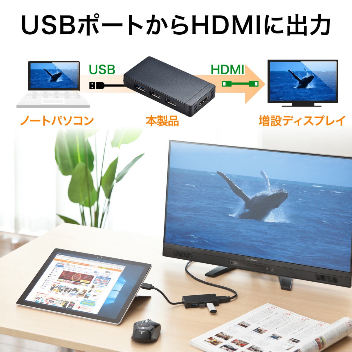 USB HDMI 変換 アダプタ USB3.0 USBハブ ディスプレイ モニター 液晶 増設 追加 HDMI出力 大画面 ドッキングステーション バスパワー 電源不要 400-HUB027｜sanwadirect｜02