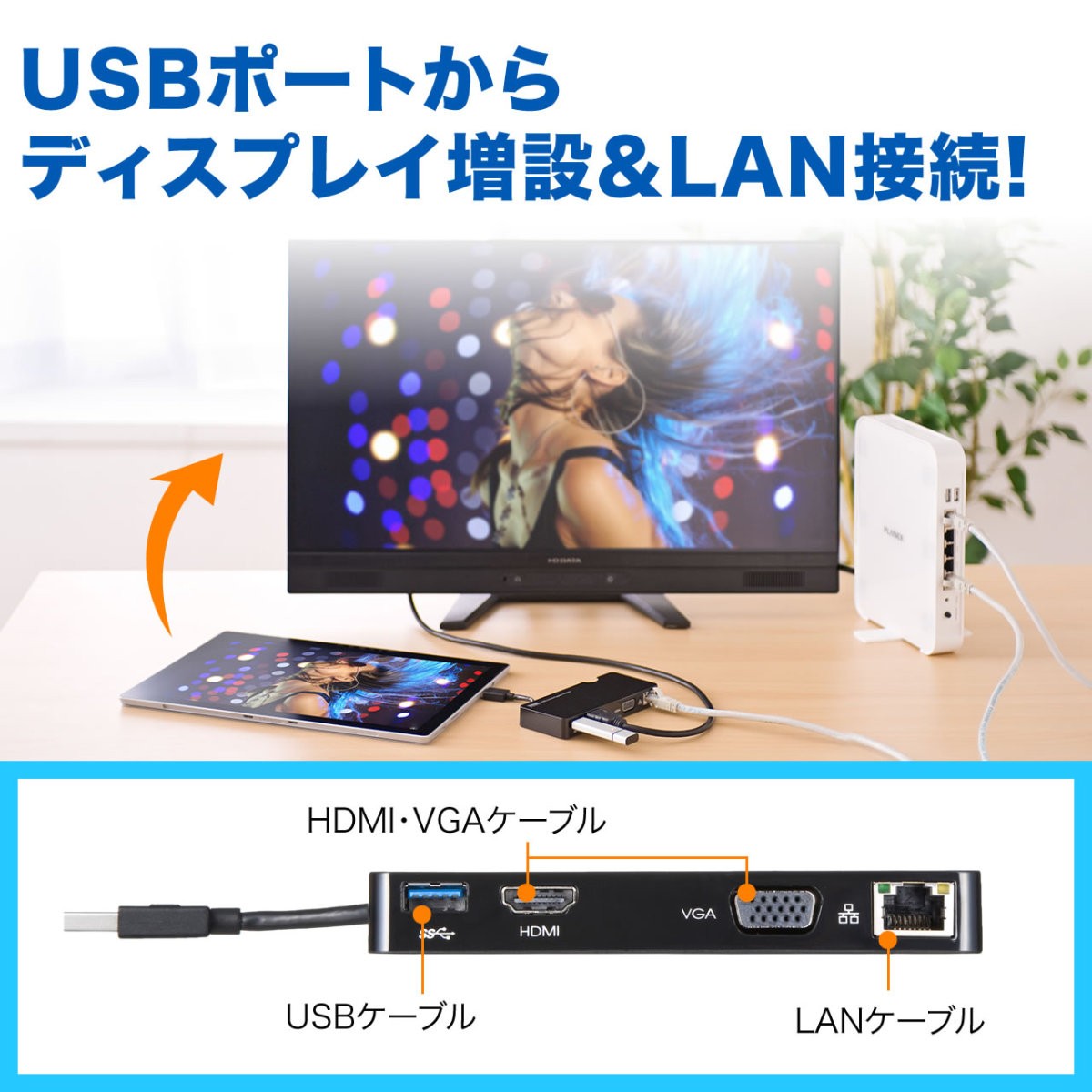 USB ドッキングステーション ディスプレイ接続 HDMI VGA USBハブ 有線LAN usbポート 増設 ノートパソコン 400-HUB031