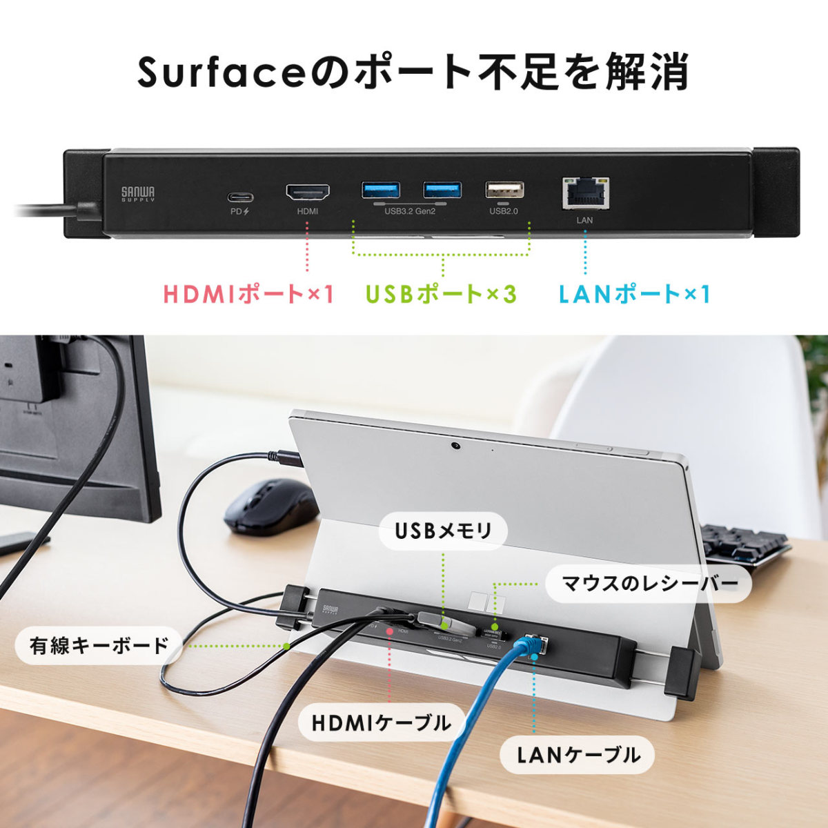 Surface専用 ドッキングステーション Type-Cハブ 4K/30Hz HDMI USB×3 LAN PD100W Surface Pro 8/Pro 7/Pro X/Go/Go 2/Go 3 対応 400-HUB039BK3｜sanwadirect｜05