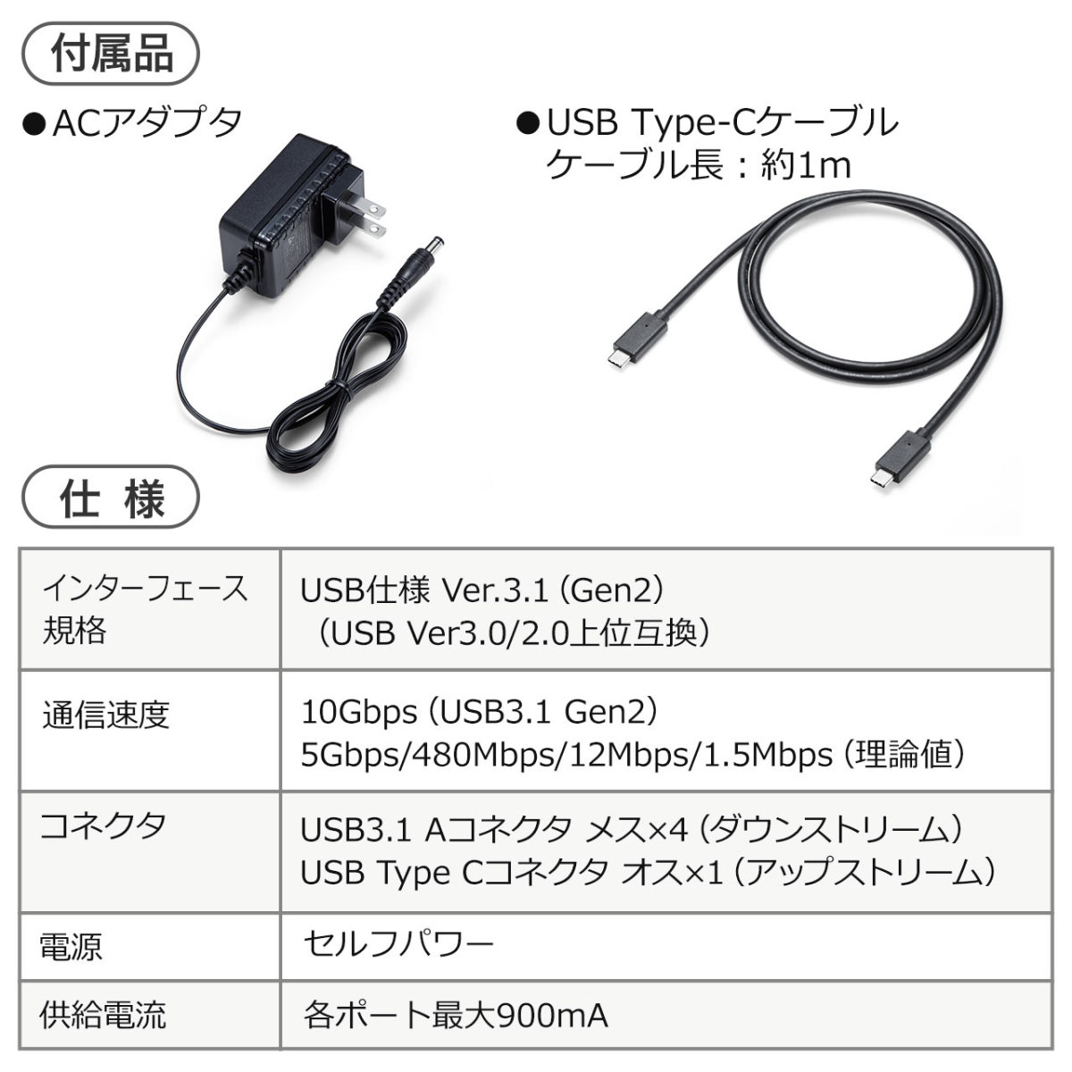 USBハブ Type-C タイプC ハブ 4ポート 増設 増やす 変換 USB3.1 Gen2 高速 セルフパワー 電源付き iPad Pro MacBook iPhone 400-HUB061