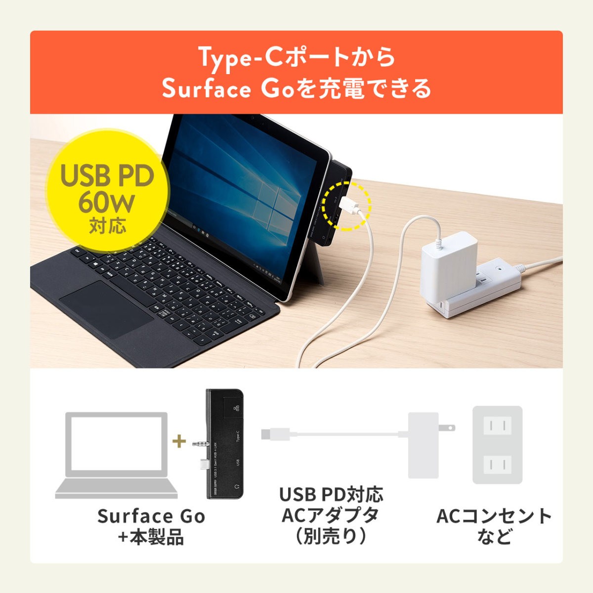 Surface Go 専用 Go3 USBハブ HDMI 増設 USB3.1 Gen1 USB3.0 ハブ サーフェス ゴー専用 Type-C USB-A 3.5mm 4極ミニジャック バスパワー 400-HUB073BK｜sanwadirect｜10