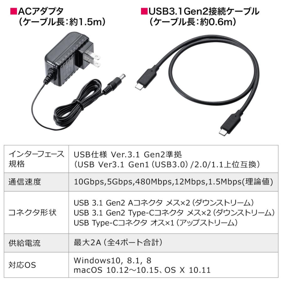 USBハブ Type-C USB-C タイプC ハブ USB3.1 Gen2/Gen1 USB PD 4ポート バスパワー セルフパワー 電源付き コンセント付き iPad Pro MacBook 400-HUB075BK｜sanwadirect｜10