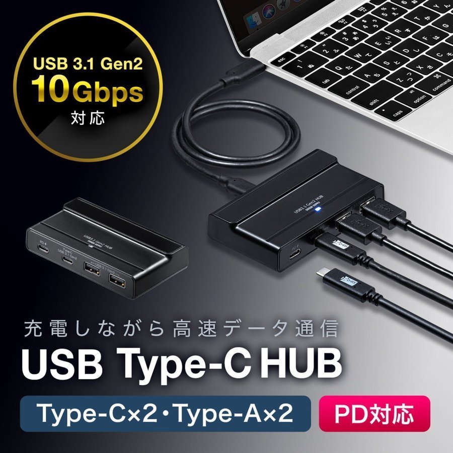 USBハブ Type-C USB-C タイプC ハブ USB3.1 Gen2/Gen1 USB PD 4ポート バスパワー セルフパワー 電源付き コンセント付き iPad Pro MacBook 400-HUB075BK