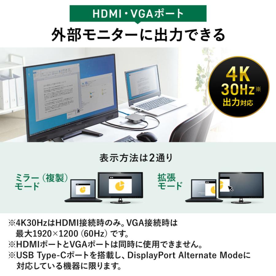 ドッキングステーション 巻取り式 USB Type-C ハブ HDMI VGA microSD&SDカード イーサネット PD100W対応 4K対応 8in1 コンパクト 持ち運び 400-HUB091S｜sanwadirect｜07