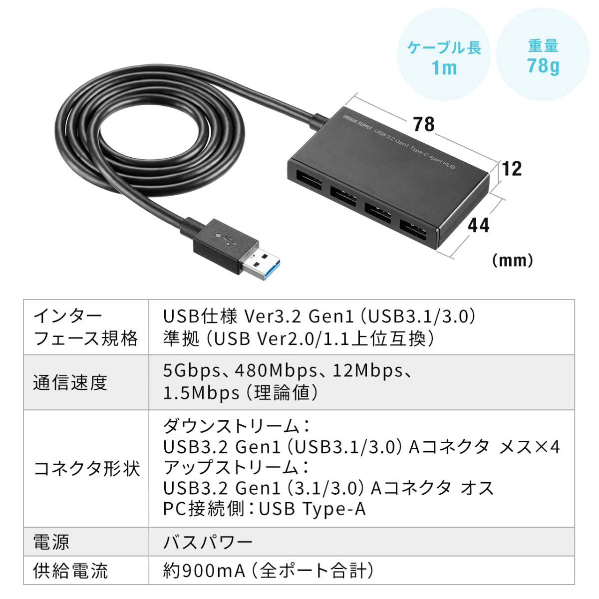 USBハブ 4ポート バスパワー ケーブル長1m 薄型 軽量 コンパクト USBポート 増設 高速 データ転送 5Gbps 400-HUBA097｜sanwadirect｜05